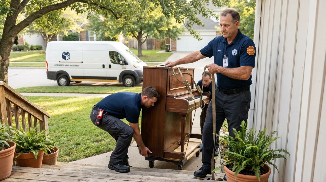 Licensed piano movers securing grand piano in Harrisville, MI