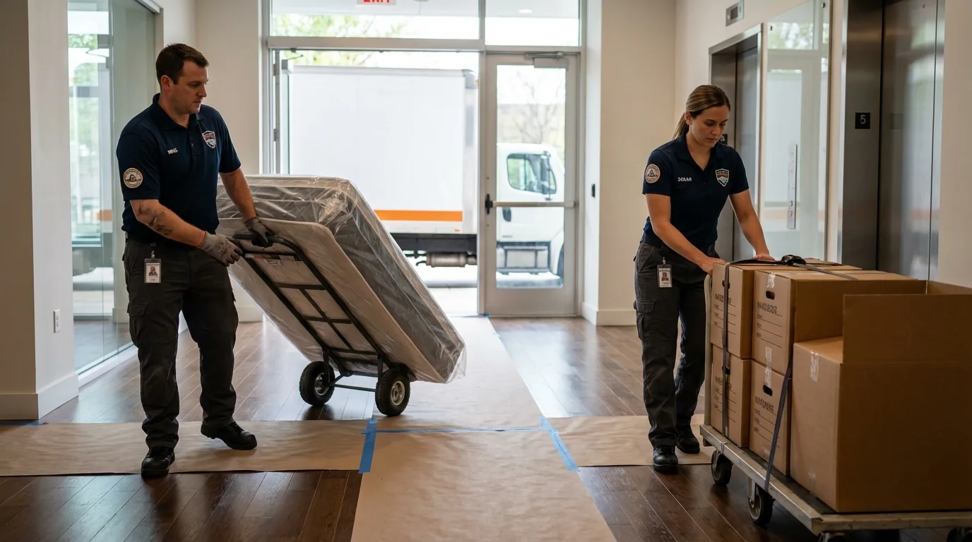 Professional apartment movers loading elevator in Harrisville, MI