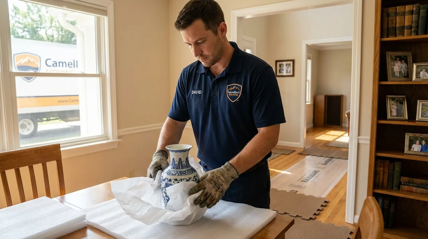 Professional crew carefully wrapping antique vase for senior downsizing move in Harrisville, MI