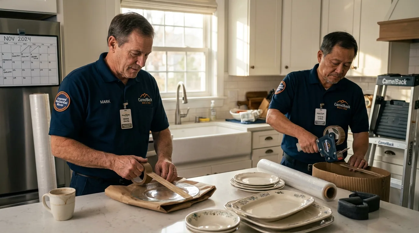 Professional crew packing kitchen dishware in Harrisville, MI